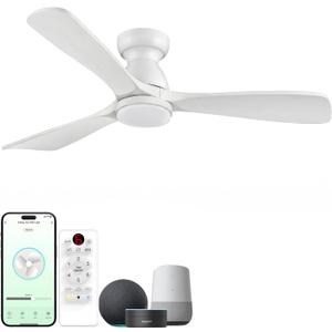 60 inch Smart White Flush Mount Ceiling Fans with Lights,Outdoor Low Profile Ceiling Fan Quiet DC Motor,Work with Alexa/Gg Voice Control/App/Remote,Dimmable,6-speed,3 Wood blades Fan for Patio,Porch