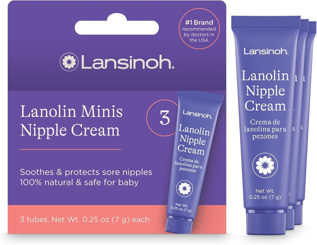 Lansinoh Lanolin Nipple Cream Safe for Breastfeeding Baby, 100% Natural Nipple Butter, Breastfeeding Essentials for Postpartum Moms, 3 Mini Tubes, Each 0.25 Ounces