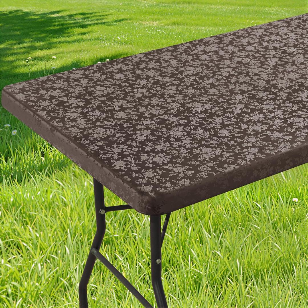 Smiry Rectangle Picnic Table Cloth, Elastic Waterproof Fitted Heavy Duty Vinyl Tablecloths, Wipeable Washable Table Covers for Kitchen, Dining, Camping, Outdoor (Coffee,30" X 72")