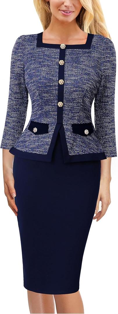 VFSHOW Womens Square Neck Buttons Peplum Cocktail Party Work Office Business Bodycon Pencil Dress, Blue Tweed + Navy, XS