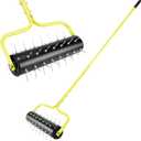 21" Rolling Lawn Aerator, 45 Preassembled Spikes, Only Needs 3-5 Minutes to Assemble, No Looseness, Good Package, 75" Long Handle with Quick Clip Connections, U-Shape Construction - Yellow.