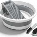 Lounsweer Large Collapsible Washboard Basin for Hand Washing Clothes with 2 Cleaning Brushes Portable Folding Laundry Tub with Non-Slip Washtub for Home Travel Camping, 19.7 x 19.7 x 7 inches