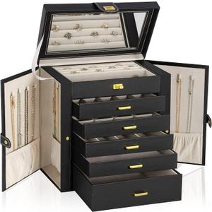 AKOZLIN Huge Jewelry Box Organizer Functional Lockable, Large Leather Jewelry Storage Case for Women Girls Ring Necklace Earring Bracelet Holder Organizer with Mirror (Black)