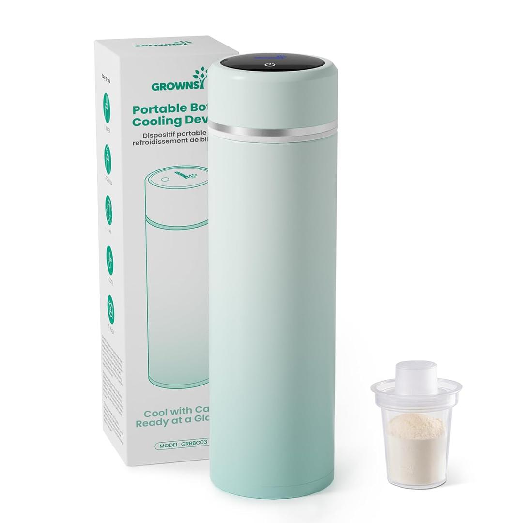 Grownsy Portable Baby Formula Bottle Maker, Rapid Cooling in 3 Min, Pure Physical Cooling, No Power Needed, Smart Color Temp Display, Travel & Night Feeding Essential, Includes Formula Dispenser,Green