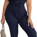 PINSV 2 Piece Outfit For Women Short Sleeve Shirt Collar Front Button Top Drawstring Jogger Pants Casual Tracksuit, 2XL