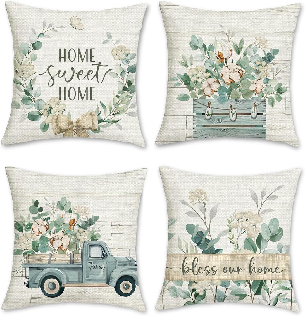 Bonhause Eucalyptus Leaves Throw Pillow Covers 18 x 18 Inch Blue Truck Home Sweet Home Farmhouse Decorative Pillows Polyester Linen Cushion Cases for Couch Sofa Bed Home Decor Set of 4