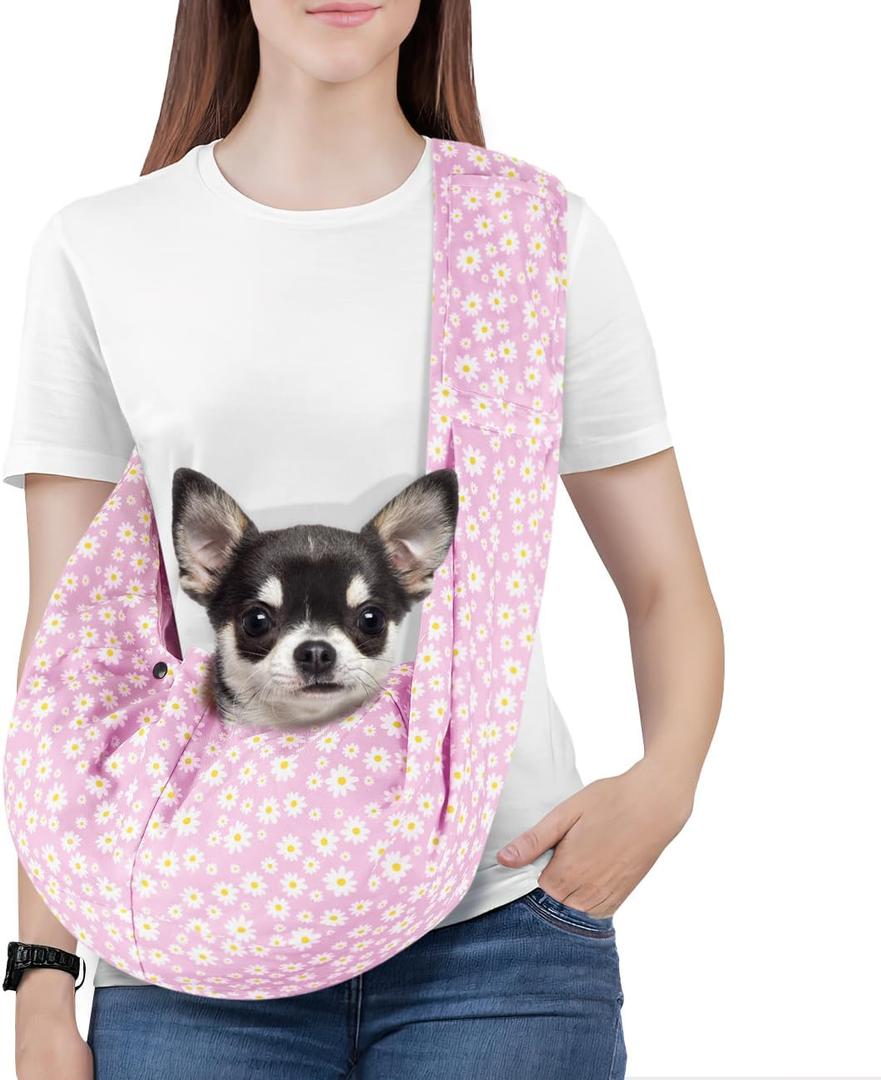 Pawaboo Small Dog Sling Carrier, Reversible Hands Free Dog Sling Carriers for Small Dogs and Cats, Puppy Slings Carrier with Adjustable Strap Buckle & Safety Harness, Puppy Essentials, Pink Daisy