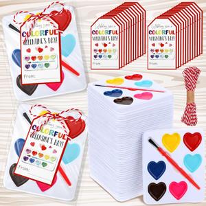 48 Pcs Valentines Day Watercolor Gift Paint 6 Heart Shape Washable Water Color Gifts Paint with Card and Red Rope for Valentine Party Favor Classroom Exchange Gift Prizes Graduation Present