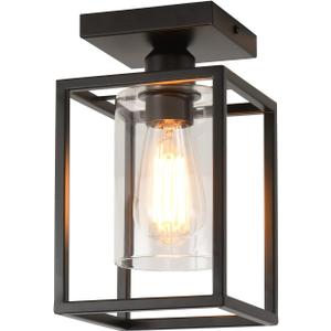 1 Pack Semi Flush Mount Black Metal Frame Ceiling Light with Clear Glass Shade, Farmhouse Fixture for Kitchen, Island, Entryway, Porch, Foyer, Dining Room