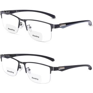 2 Pack Men's Bifocal Reading Glasses Clear Top Blue Light Blocking,Lightweight Rectangular Semi-Rimless Metal Frame TR90 Temples Readers, Black/Grey Bifocal, 3.00x