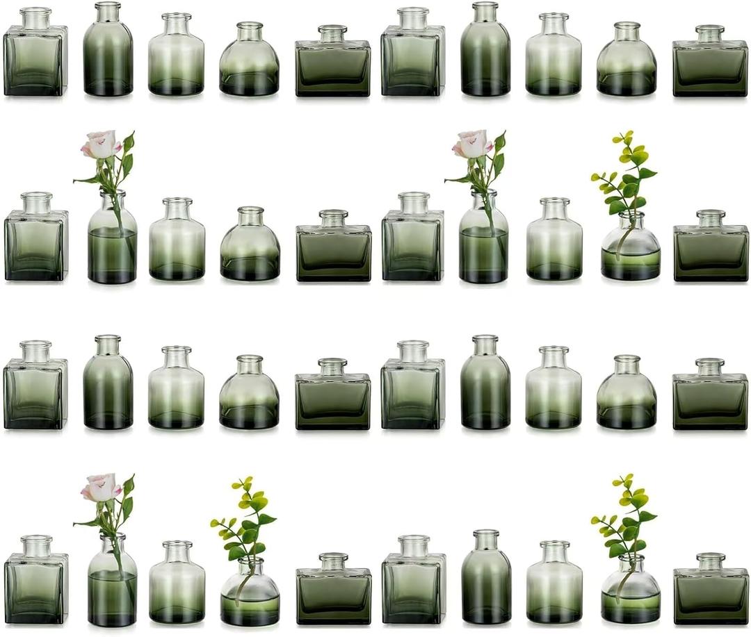 Glasseam Bud Vases in Bulk 40: Green Glass Vases for Centerpieces Cute Small Vases for Flowers Mini Decorative Tiny Centerpiece Table Decor Wedding Party Dining Room Decoration