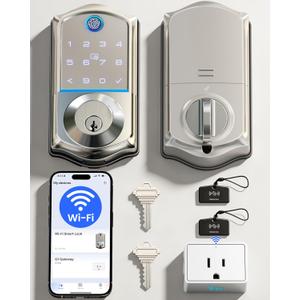 Veise VE017G Wi-Fi Keyless Entry Door Lock, App Remote & Voice Control, Fingerprint Smart Locks for Front Door, Touchscreen Electronic Keypad Deadbolt, Auto Lock, Emergency Power Port, Satin Nickel