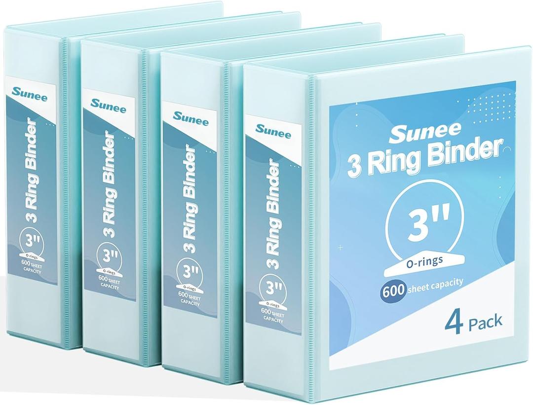 SUNEE 3 Ring Binder 3 Inch 4 Pack, 3" Clear View Binder Three Ring PVC-Free (Fit 8.5x11 Inches) for School or Office Supplies, Blue