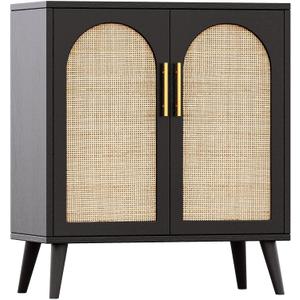 Rovaurx Rattan Storage Cabinet with Doors, Accent Bathroom Floor Cabinet, Modern Sideboard Buffet Cabinet for Living Room, Entryway, Dining Room and Kitchen, Black and Natural BMGZ108BM (29.5"L)