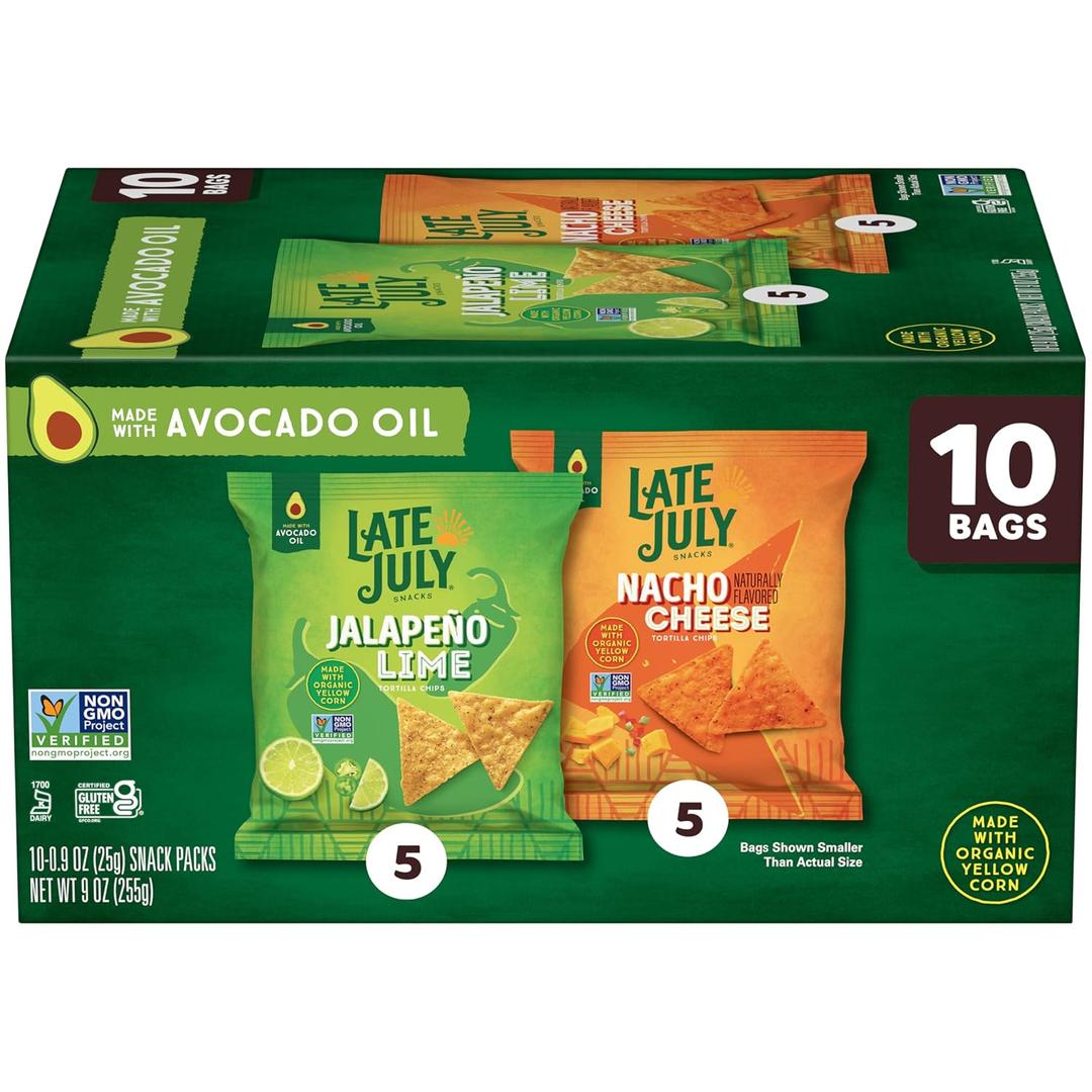 LATE JULY Snacks Variety Pack Tortilla Chips, 0.9 Oz 10 Count Snack Bags (EXP 01/26/27)