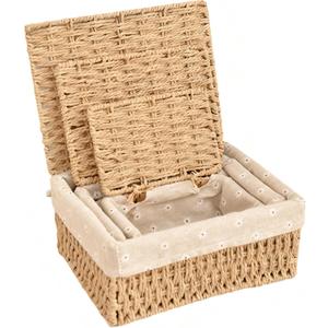 Wicker Storage Basket with Lid, Khaki Paper Rope Woven Storage Box with Removable Liner, Stackable Shelf Bin for Bathroom, Closet, Nursery (M-8.6"×6.1"×4.1")