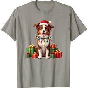 Christmas red and white Border Collie, Santa Hat T-Shirt, Red, XL