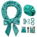 Gwabee No Heat Overnight Curl Headband, 70" Soft Ribbon Wrap for Long Hair, 9 PCS Hair Curling Rods Set - Blue Green