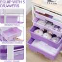 SYKIARIOL Utility Cart with 5 Drawers,Storage Drawer Cart with Wooden Tabletop and Lockable Wheels,Craft Storage Trolley Cart,5-Tier Rolling Utility Cart on Wheels,Purple