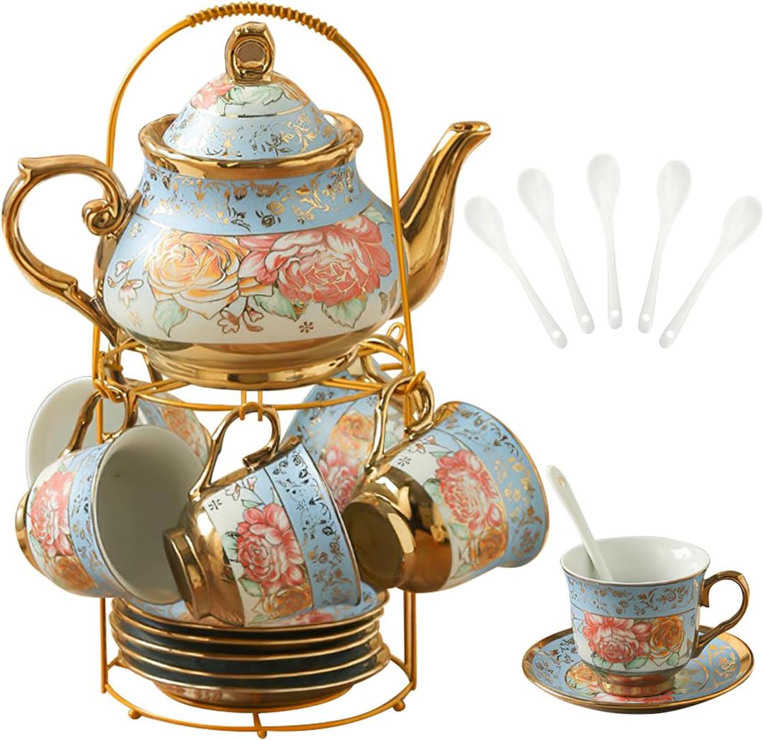 20Pcs Porcelain Tea Set for Adults, European Ceramic Tea Set Flower Ceramic Tea Cups, Teapot, & Saucers with Metal Holder for Women Tea Party (Blue)