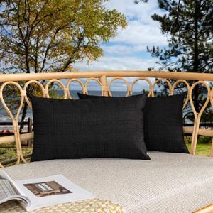 Kevin Textile Outdoor Waterproof Lumbar Pillow Covers 12x24 Inch Pack of 2 Checkered Decorative Rectangle Cushion Throw Pillowcases Shell for Patio Tent Garden Couch Bed Sofa Black