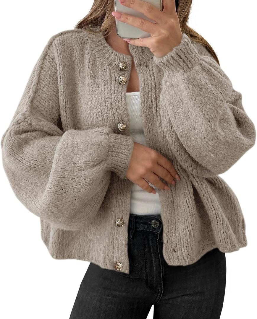 Saodimallsu Womens Oversized Cardigans Button Up Long Lantern Sleeve Chunky Knit Casual Soft Fall Sweater Coats (Medium, Khaki)
