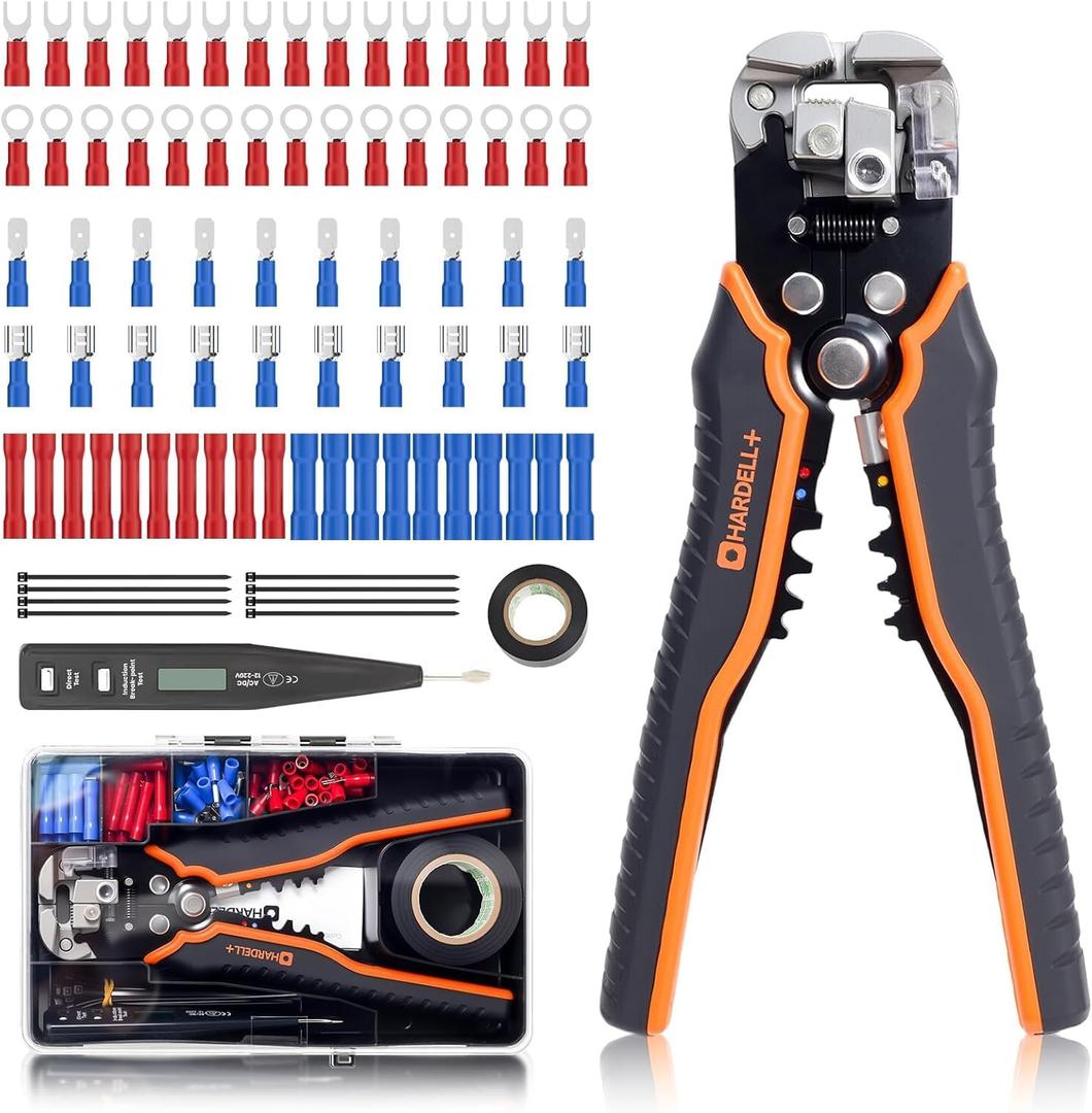 HARDELL+ Wire Stripper Tool, 3-in-1 Automatic Wire Stripper, Self Adjusting Wire Crimping For 10-24 AWG Cables, Electrical Wire Strippers Crimpers With 99PCS Accessory For Stripping, Clamping, Cutting (Orange)