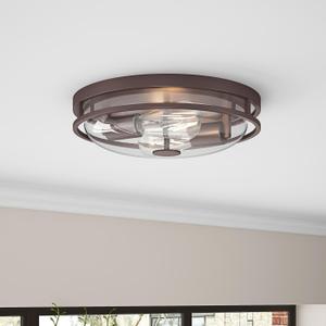 Aiwen 12.99 in 2 Light Oil Rubbed Bronze Flush Mount Ceiling Light Modern Close to Ceiling Light with Clear Glass Shade Industrial Round Hanging Ceiling Light for Bedroom Kitchen E26