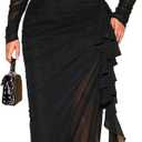 Floerns Women's Plus Size Off Shoulder Dress Mesh Long Sleeve Ruffle Trim Bodycon Maxi Dresses (Black), Large Plus