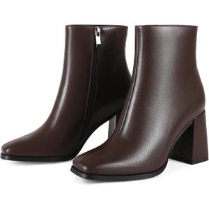Wetviro Womens Square Toe Ankle Boots Chunky Block Heel Short Boots for Women Mid Heel Dressy Booties Office Party Daily Wear 8.5, Brown