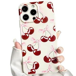 NITITOP Compatible with iPhone 14 Pro Case Aesthetic Cute Bow Knot Cherry Pattern for Women Girls Trendy Bowknot Ribbon Slim Fit TPU Bumper Shockproof Full Camera Protection Cover - White