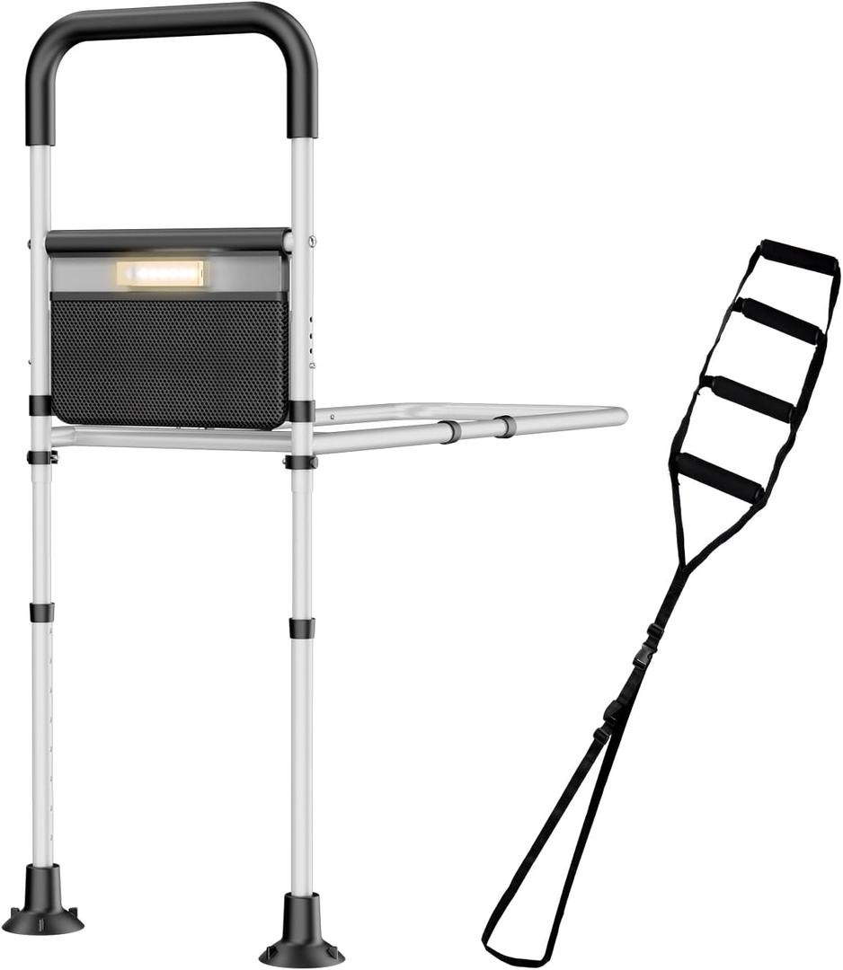 Bed Rails for Elderly Adults Safety,ASTM Approved Adjustable Bed Assist Rails For Seniors,Anti-Slip Ergonomic Handle,440lb Weight Capacity,Comes with storage bag,Night sensor light & Bed Ladder Assist