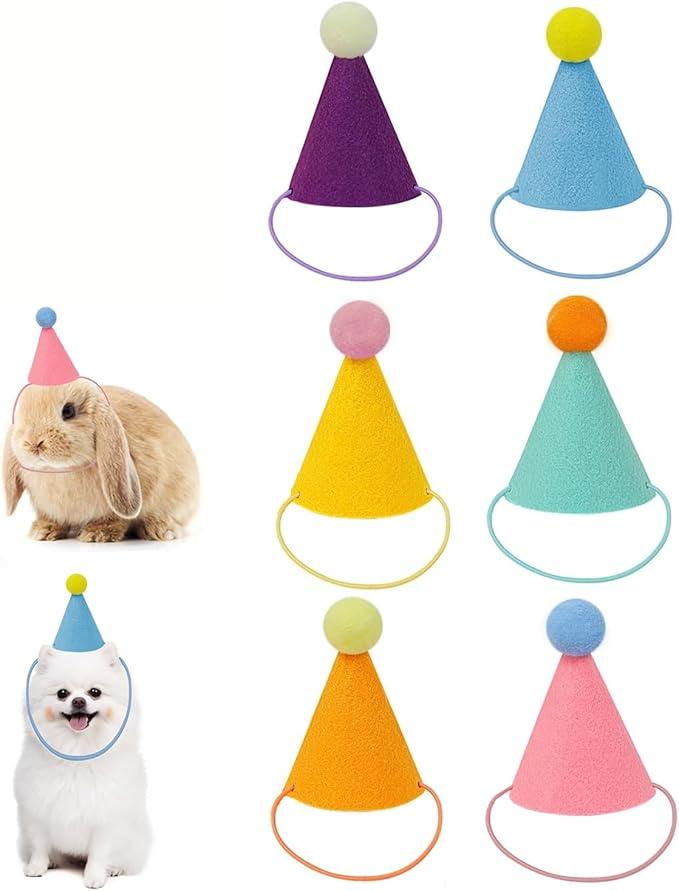 Mini Party Hats for Stuffed Animals, Birthday Party Cone Hats Dolls Dog Cat Rabbit Puppies Assorted Animal Birthday Classic-6Pcs