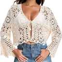 Women's Crochet Cardigan Bell Sleeve Tie Front Hollow Out Cropped Vacation Tops Summer Length Sleeve Beach Cover Ups