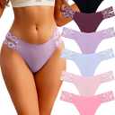 FINETOO Seamless Thongs for Women 6 Pack Sexy V-Wasit Women's Underwear No Show T-back Underwear for Women Panties (Large, A 6 Pack(black*1 Purple*1 Khaki*1 Silver Blue*1 Wine*1 Pink*1 ))