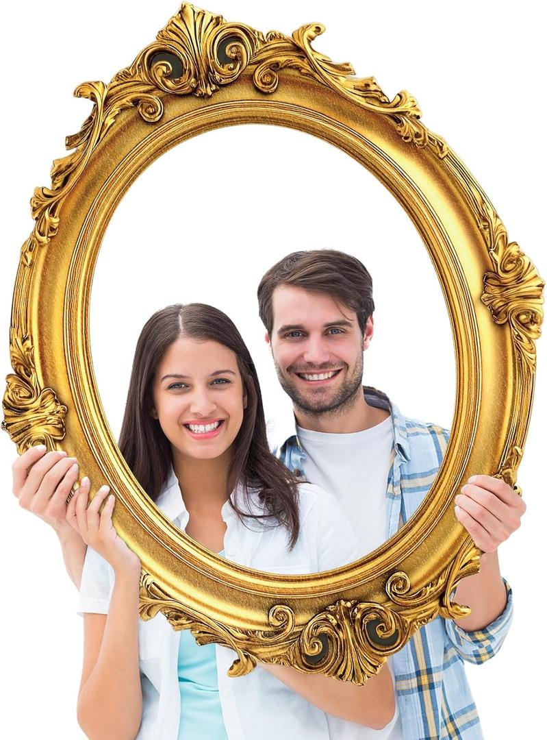 Large Photo Booth Props 32 x 24 Inch Gold Picture Selfie Frame Vintage Photo Round Frame Creative Friends Party Selfie Props Corrugated Plastic Accessories for Wedding Birthday Bachelorette Supplies