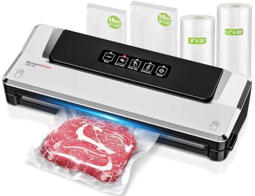 Bonsenkitchen Vacuum Sealer Machine, Fast-Compact Food Sealer, Multi-Functional Food Vacuum Sealer with 20 Vacuum Bags & 2 Roll Bags & Accessory Hose, High-Speed Continuous Working, Silver