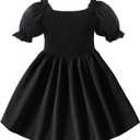 Neutocd Toddler Baby Girl Dress Ruffle Short Sleeve Elastic Solid Square Neck Flared Plain Casual Summer Dresses for Girls (3-4T, #0 Black)