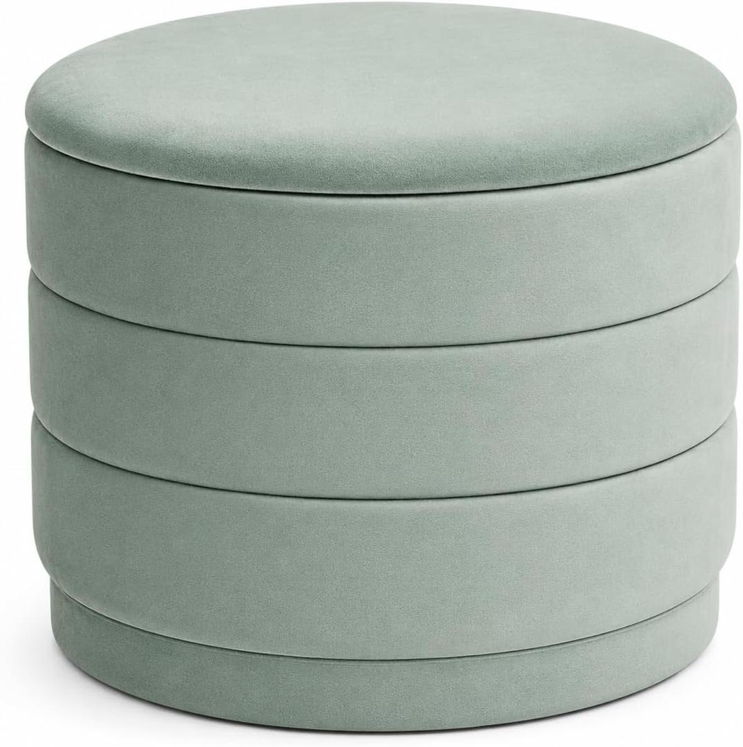 Round Storage Ottoman, 22.8" Velvet Footstool, Sage Green, 23"D x 23"W x 17"H
