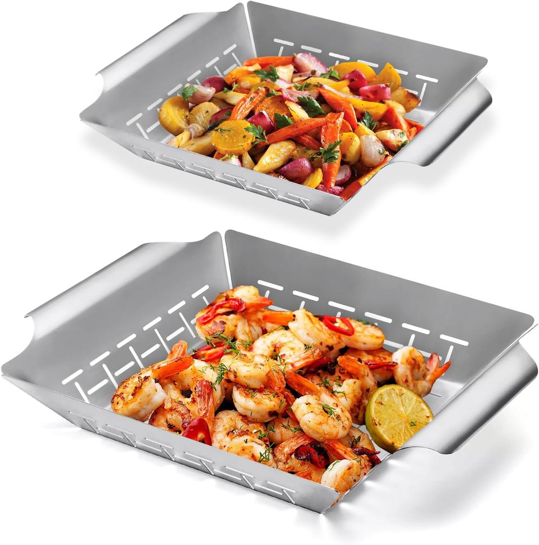 2 Pack Vegetables Grill Baskets for Veggies,Grill Basket for Outdoor Grill,Stainless Steel Grill Basket,Grilling Accessories for & Smokers,14"x12.5",white