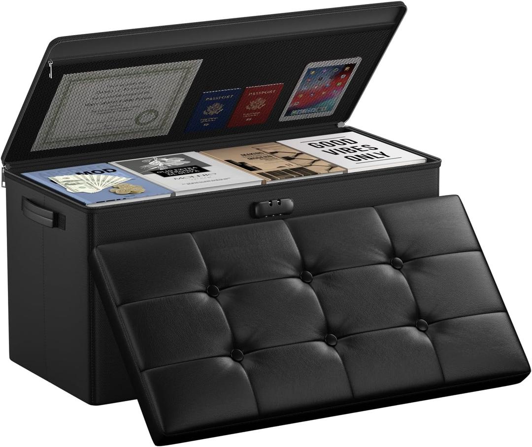 DocSafe Storage Ottoman Bench with Lock,Fireproof 30 Inches Folding Bench Foot Rest Stool Storage Chest Safe for Living Room,Bedroom,Home Office,Waterproof Leather Ottoman with Handles,Black