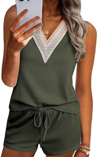 Ekouaer Pajama Sets for Women 2 Piece Tank Top and Shorts Waffle Knit Lounge Set with Lace V-neck PJ Loungewear, S