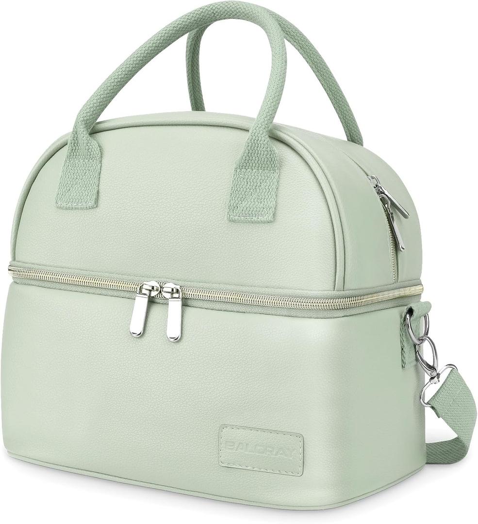 BALORAY Lunch Bag for Women Men, Double Deck Lunch Box for Adults, PU Leather Lunch Tote Bag Insulated Lunch Bags with Strap for Work Office Picnic(Green with strap)
