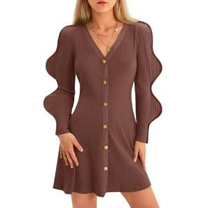 Wenrine Womens Puff Long Sleeve Sweater Dress Casual Button Down V Neck Ribbed Knit A Line Party Fall Mini Dresses Brown, Size M