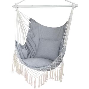 Hammock Chair, Hanging Rope Swing Seat with 2 Cushions,Macrame Hanging Chair Side Pocket with High Load-Bearing Metal Rod,for Indoor, Outdoor, Extra Comfortable (Grey)