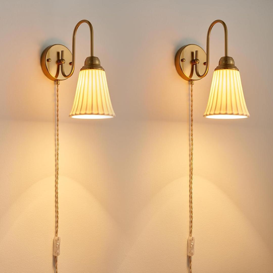 2 Pack Modern Ceramic Gold Plug in Cord Wall Sconce Wall Lighting with Pull Chain Switch, Indoor Wall Lamp Light Fixtures Curve Arm for Living Room Bedroom Bedside Kitchen Home Office