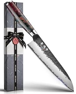 Japanese Chef Knife, 8 Inch Hand Forged Kitchen Knives with VG10 Core, Professional Gyuto Knife for Home & Restaurant, Sanmai Chefs Knives with Ergonomic Red Handle, Cooking Gifts for Men Women