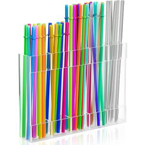 Straw Holder for Cabinet Door,9.5" Large Acrylic Straw Organizer Storge Container with Ultra Sticky Adhesive Strips for Cabinet or Countertops,Space-Saving  Easy to Install (Clear)