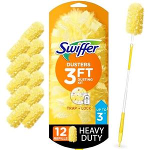 Swiffer Duster Heavy Duty Dusting Kit, Cleaning Supplies, 3 ft Extended Handle, 1 Duster, 3 Refills