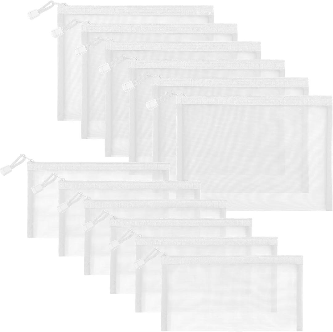 12 Pieces Zipper Nylon Mesh Pouch, Mesh Cosmetic Bags Makeup Bags Pencil Case, Multipurpose Travel Bags for Cosmetic School Office Supplies and Travel Accessories (White, A5+B6)